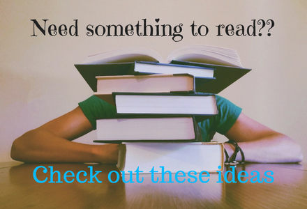 Pic of a person behind a pile of books. Caption is "need something to read?? Check out these ideas!"